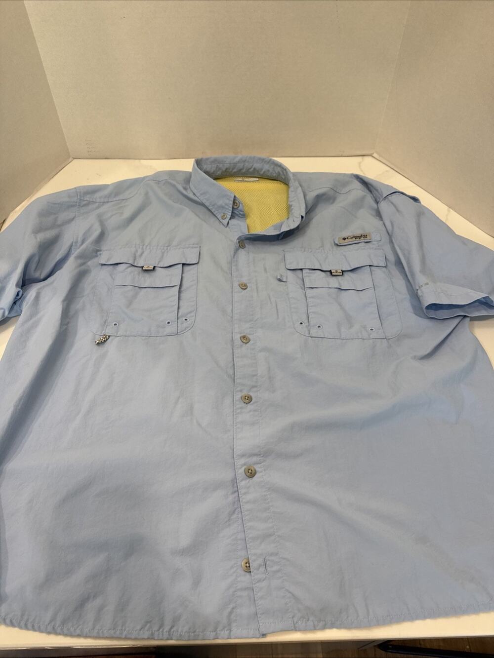 Columbia Mens PFG Fishing Shirt XXL Blue Short Sleeve Vented Bahama II Button Up